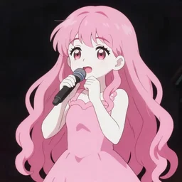 anime style, vivid, expressive, full body, 4 k, a cute girl with white skin and long pink wavy hair humming a song, stunning, realistic light and shadow effects, centered, simple background, studio ghibly makoto shinkai yuji yamaguchi