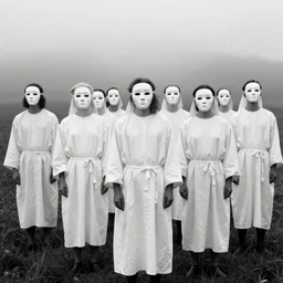 Long Shot (LS) vintage black and white photo group of people dressing in white robes wearing white masks standing in the field, cinematic lighting, cinematic composition, cinematic atmosphere, misty foggy. Vogue photography Sigma 150-600mm f/5-6.3 lens, still winning photograph from a thriller movie.