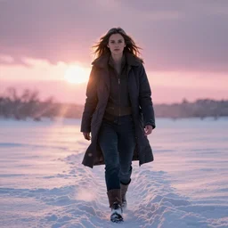 epic portrait of Mila Kunis walking through deep snow, sun rays through snow, pink golden hour, cold stormy wind, intricate, highly detailed, shallow depth of field, epic vista, Ralph Horsley, Daniel F. Gerhartz, Artgerm, Boris Villajo, Lilia Alvarado