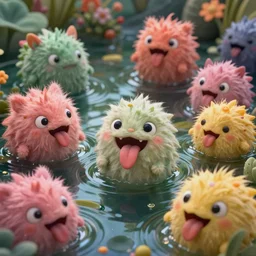 intricate murky colorful pond with strange cute fluffy friendly happy anime creatures with huge eyes long tongue and funny face appearing from the water, in the style of craola, macro lens, shallow depth of field, highly detailed, digital painting, trending artstation, concept art, illustration, cinematic lighting, vibrant colors, photorealism, epic, octane render