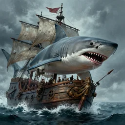 terrifyingly large shark attacking a pirate ship, matte painting by greg rutkowski, sylvain sarrailh, artstation