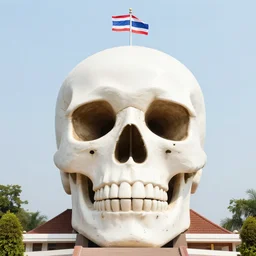 an skull - shaped buddhist temple with thai flag at the top, 4 k, masterpiece, by greg rutkowski, trending on artstation