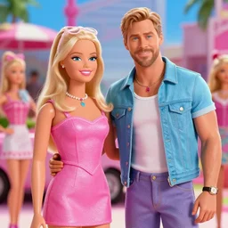 a movie still of margot robbie as barbie. ryan gosling as ken doll. on the set of the new live action barbie movie.