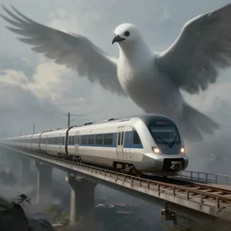 a modern train on a bridge, a giant ghost bird next to it, high quality, digital painting, artstation, mysterious