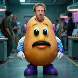 potato suit on mark zuckerberg wearing a potato suit, cybercore ravecore in 1 9 8 7, scene from a kiyoshi kurosawa movie