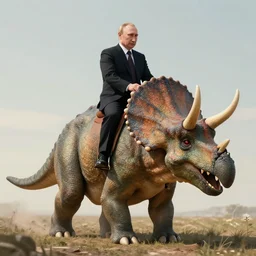 Vladimir Putin riding a triceratops, digital art, trending on artstation, 8k, hyper realistic