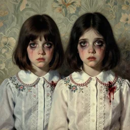 a beautiful and eerie vintage illustration of two beautiful but creepy siblings wearing oxford shirts in layers of fear, with haunted eyes and dark hair, 1 9 7 0 s, seventies, wallpaper, a little blood, morning light showing injuries, delicate embellishments, painterly, offset printing technique, by brom, robert henri, walter popp