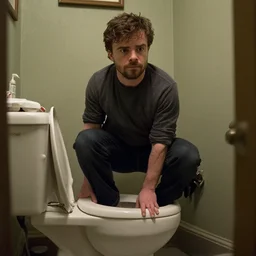 peter dinklage climbing out of a toilet, movie still, from the new sleepaway camp movie, 8 k, realistic