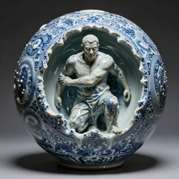 a perfect photograph of a man coated in liquid ming dynasty porcelain. he is squeezed into the shape of a mycopian eldritch sphere.
