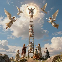 intricate details of jacob's dream, a ladder that stretched from earth to heaven on which angels were ascending and descending, hyper realistic, ultra detail, octane render, cinematic, vivid, vibrant
