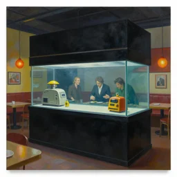 bronx restaurant with an aquarium. vantablack cloth technology, vintage shapes, retro technology, happy colors dariusz zawadzki, tim hildebrandt, wayne barlow, bruce pennington, larry elmore, oil on canvas, deep depth field, masterpiece, cinematic composition. dramatic zoom, hyperdetailed, hd, hdr