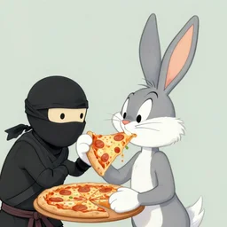 bugs bunny eating pizza with a ninja, medium shot, asymmetrical, profile picture, organic painting, sunny day, matte painting, bold shapes, hard edges, street art, trending on artstation, by huang guangjian and gil elvgren and sachin teng