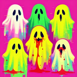 hardcore punk poster art, glitched ghosts, vomit, blood, 4 colors, flat colors, fluo colors, pink, yellow, green, red, glitched