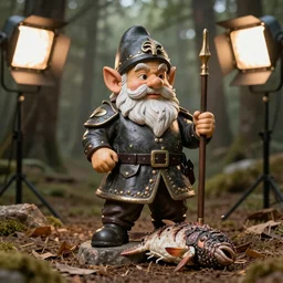 a serbian gnome soldier carve up prey in the forest, high detail photoshoot, depth of field, studio lights