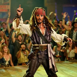 a still of jack sparrow dancing in the crowd in a pirate party in pirates of the caribbean ( 2 0 0 3 ),