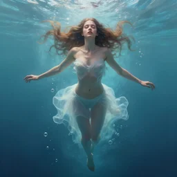 hyper realist matte digital painting of a beautiful woman, floating in water, bubbles rising, fantasy art, photo realistic, dynamic lighting, artstation, volumetric lighting, by charlie bowater, by karol bak