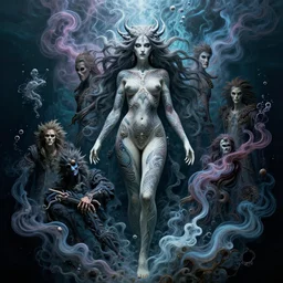 goddess of death with full body tattoos, by petros afshar, ross tran, peter mohrbacher, tom whalen, nekro borja, underwater psychedelic smoke, highly detailed, intricate, elaborate, illustration, sharp focus, feauted on artstation, final fantasy