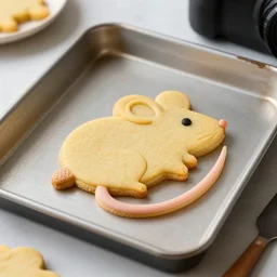 gingerbread cookie shaped like a rat on a baking pan, dslr, photography