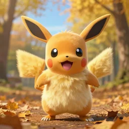 real life flareon pokemon, cute!!!, heroic!!!, adorable!!!, playful!!!, fluffly!!!, happy!!!, cheeky!!!, mischievous!!!, ultra realistic!!!, autumn, clear weather, ( golden hour ), sharp focus