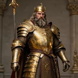 an imposing bearded dwarven king in full golden and mithril armor by Edgar Maxence and Ross Tran