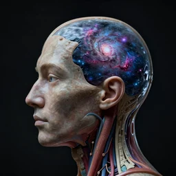 hyperrealistic portrait photo of an opened human head morphing into nebulas, dark background, anatomically correct, moody, medical photography, insane details, dramatic lighting, 8k,