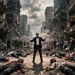 comedian performing on dead laughing bodies in streets of an apocalyptic metropolis destroyed after war