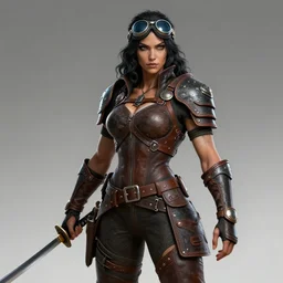 gender : female, race : orc, job : bounty hunter, weapon : katana, clothes : leather armor, accessories : goggles, body type : strong, hair color & style : black and wavy, made by stanley artgerm lau, wlop, rossdraws, artstation, cgsociety, concept art, cgsociety, octane render, trending on artstation, artstationhd, artstationhq, unreal engine, 4 k, 8 k,