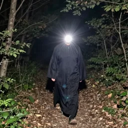 bad quality screenshot of a leaked video of a small person dressed with a full body black robe following me through a forest trail, night time, bright camera flash, camera shaking, realistic, ultrarealistic, 4 8 0 p, scary