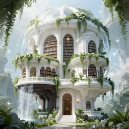 white futuristic mage house covered in plants, hanging vines, floating inside an enormous spherical chamber, exterior view, magical white futuristic alien library, expansive grand scale, with ornate detail carved in blackbutt timber, next to a waterfall, plants, greenery, white flowers, hanging vines, candles, glowing sprites, fibonacci composition, photorealistic, 4 k, god rays, highly detailed, octane render