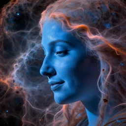 side profile portrait of the face of a celestial goddess made of blue nebula with an aquiline nose and a gentle maternal smile looking down and to the left, her blue face emerging from a larger nebula which fills the rest of the image and is made of gaseous filaments which suggest long wavy orange and pink hair hanging over and behind her face, image by Hubble space telescope, dramatic lighting