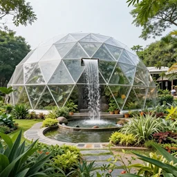 geodesic dome with gardens and waterfall