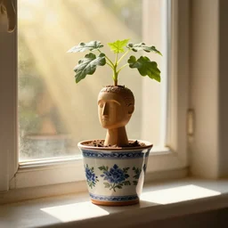 medium shot, mandrake in a porcelaine pot!!!, wooden simplified human head with mandrake!!! leaves!!! growing from it, in a pot!!! at the window - sill, rays of light, dusty ray of light, golden, mild, romantic, intricate hyper detailed ultra sharp sharp focus, global illumination, radiant light, alexandre ferra, irakli nadar, octane render, unreal engine, 4 k, ultra hd,