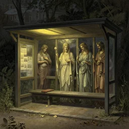 Bus stop, lit by the light of gods, abandoned by gods, hyper detailed, artstation, cgsociety by greg rutkowski and by Gustave Dore