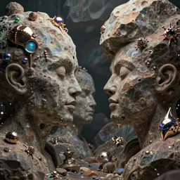 visions of huge rocks hallucinating on psychedelics with strange shimmering metal artifacts growing on its surface, no text, rendered with octane, hyper realistic, hyper detailed, surreal, futuristic, 8k