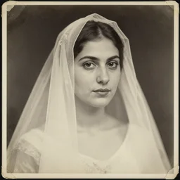 portrait of young lady in veil, old vintage photography, damaged photo, archive, film artifacts, scratches, tears, grainy, hyperrealistic, high quality, ultra detailed