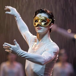 portrait of a male dancer with a beautiful porcelain face dressed in a venecian mask, gloves on spread hands, rain, bokeh, cinematic light and reflections, beautiful dreamy lighting, photographed by annie leibovitz, zbrush,