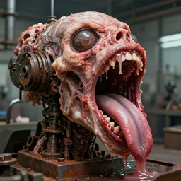 a close up of an elongated machine made of gums tongues and raw meat rust, in a factory, concept art by giger, cgsociety, assemblage, trypophobia, greeble, grotesque, biomechanical open mouth with tongues, industrial dripping drooling saliva ooze