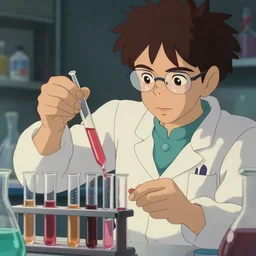 chemist in a clean laboratory mixing vials of chemicals together to find the cure for cancer, medicine, close up shot, studio Ghibli, Pixar and Disney animation, sharp, Rendered Unreal Engine 5, film key art, Greg Rutkowski, Bloom, dramatic lighting