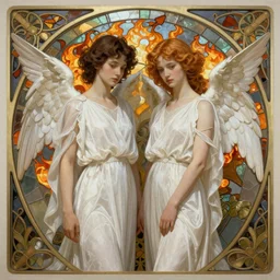 Angels lovers in white gauze dresses, male and female, symmetrical facial features, fire stainglass background, elegant, highly detailed, digital painting, artstation, concept art, matte, sharp focus, illustration, thin intricate art nouveau frame, art by Artgerm and Greg Rutkowski and Alphonse Mucha