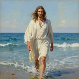 a painting of a handsome guy with very long brownish! hair, with nerdy glasses as jesus christ! walking in the sea, art by artgerma and greg rutkowski, sacred holy art