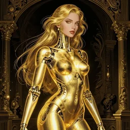 portrait of an absurdly beautiful, graceful, sophisticated, fashionable futuristic female golden mechanoid with sections of skin showing, glowing internal light, hyperdetailed illustration by irakli nadar and alexandre ferra, intricate linework, faberge, intricate gold linework, dark atmosphere, unreal engine 5 highly rendered, global illumination, radiant light, detailed and intricate environment