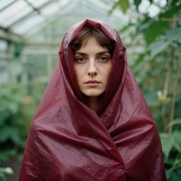 closeup portrait of a woman wrapped in burgundy cellophane, standing in an overgrown greenhouse, color photograph, by john singer sargent, canon eos c 3 0 0, ƒ 1. 8, 3 5 mm, 8 k, medium - format print