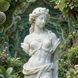 an idealistic marble statue with flowery hair in a fractal garden, unreal engine, 8k render, beautiful, full frame,