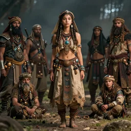 hyper realistic photo of solarpunk postapocalyptic nomad tribal girl, full body, cinematic, artstation, cgsociety, greg rutkowski, james gurney, mignola, craig mullins, brom