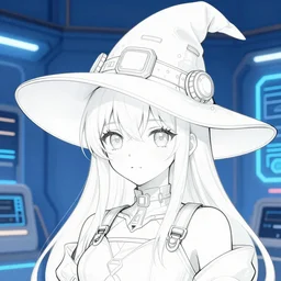 a portrait of a cute anime character wearing a a cyberpunk wizard hat, she is in a blue room. in the style of ilya kuvshinov. trending on artstation. 4 k. realistic. detailed. line art. line drawing.