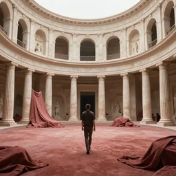 pov one man walking in a giant ancient ballroom neoclassical buildings, troglodyte temples with drapery in a deep flesh pit by piranesi, cinestill 8 0 0 t 3 5 mm b & w, high quality, mud, rain, by night, ultra wide lens, anamorphic, leica sl 2 3 5 mm