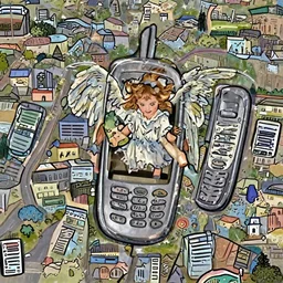 cute teenage angel and a cell phone with epic landscape in the style of John William Waterhouse