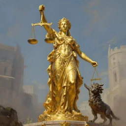 imposing colossal golden statue of the goddess of justice, a fantasy digital painting by Greg Rutkowski and James Gurney, trending on Artstation, highly detailed