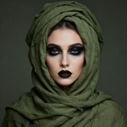 a beautiful woman with multiple layers olive green cloth wrapped around her head, black eyeshadow, high detail, black dark aesthetic, fantasy, epic style