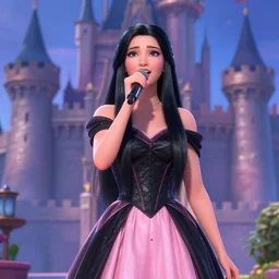 Full body Portrait of a beautiful songtress, black and pink dress, long black hair, straight hair, dark Blue eyes, singing for you, castle background, extremely detailed face, high fantasy, magic music, dungeons and dragons, important: No extra arms or hands, blizzard entertainment, industrial light and magic, pixar, matte painting, mucha, trending on Artstation, artstationHD, artstationHQ, octane, cgsociety, HD, 16K